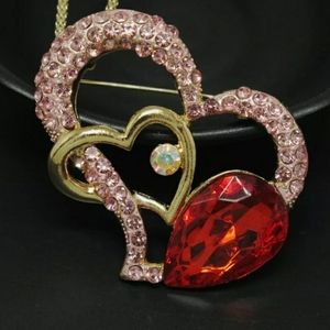 Double Heart Rhinestone Necklace/Brooch